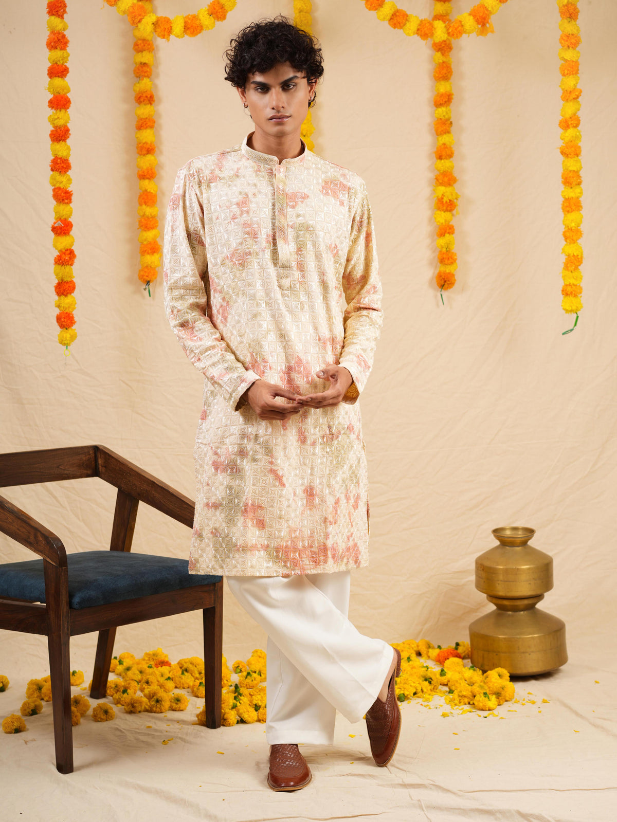 Men's Off White & Apricot Rayon Threadwork Embroidered Kurta Set