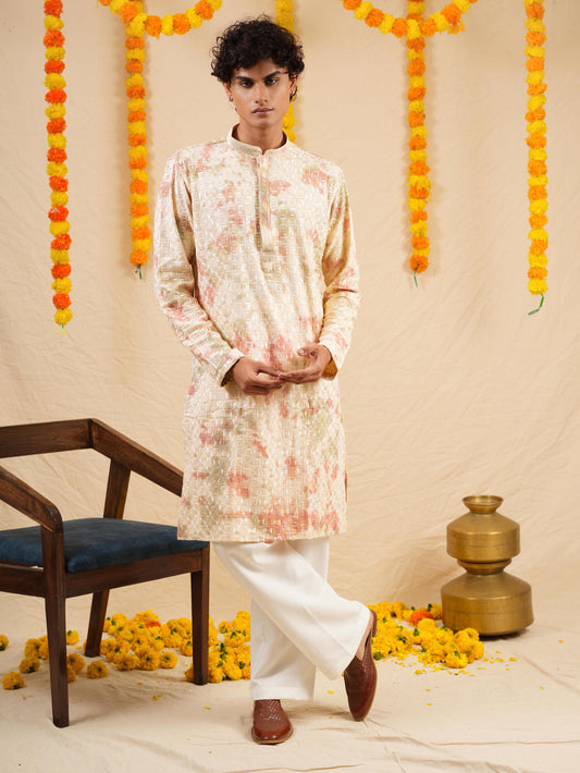 Men's Off White & Apricot Rayon Threadwork Embroidered Kurta Set
