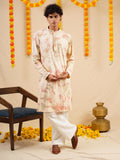Men's Off White & Apricot Rayon Threadwork Embroidered Kurta Set