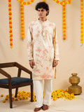 Men's Off White & Apricot Rayon Threadwork Embroidered Kurta Set
