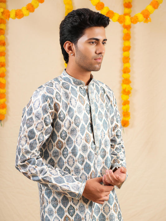 Men's Multicolour Jacquard Digital Print Kurta Set with Swarovski Detailing