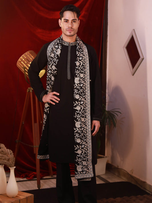 Men's Black BSY Kurta Set with Sequins & Zari Embroidery