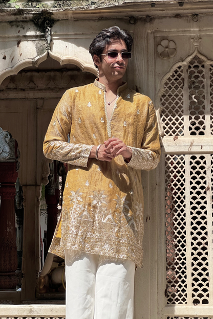 Golden Satin Fancy Short Kurta Set with Zari Embroidery