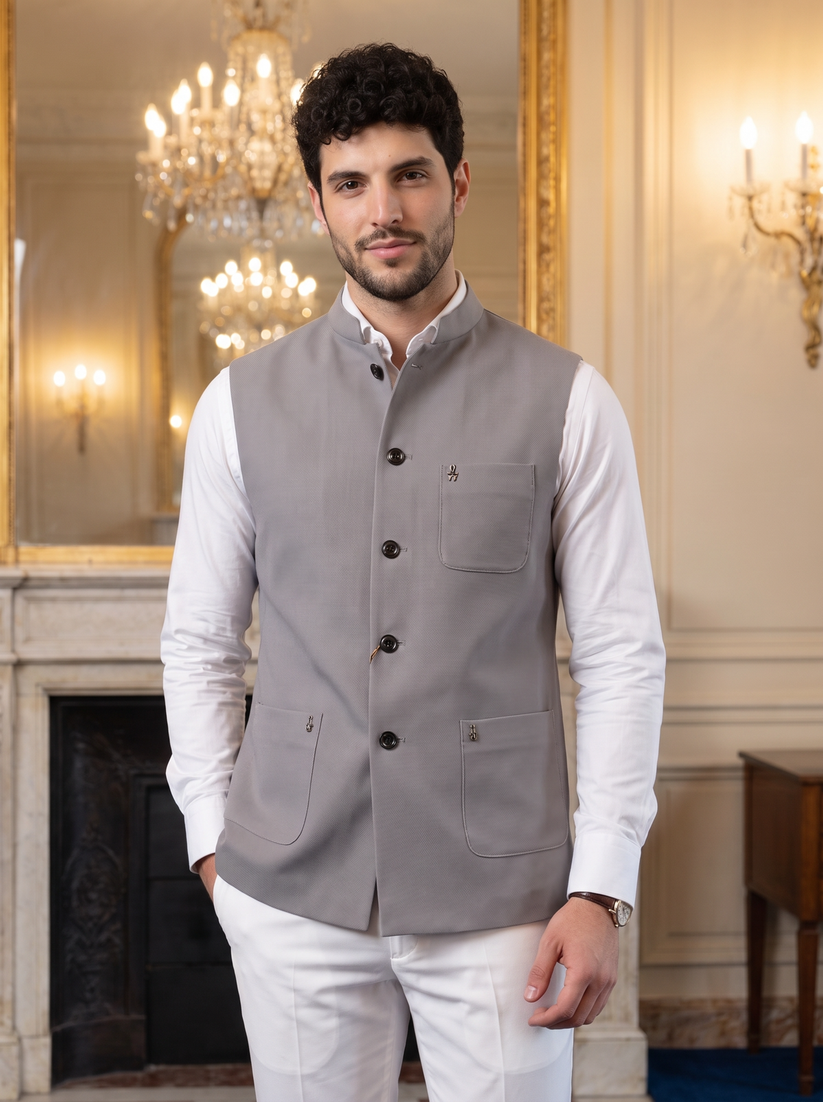 Premium Pebble Knit Bandi Jacket with Patch Pockets