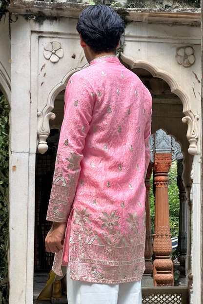 Light Pink Satin Fancy Short Kurta Set with Zari Embroidery