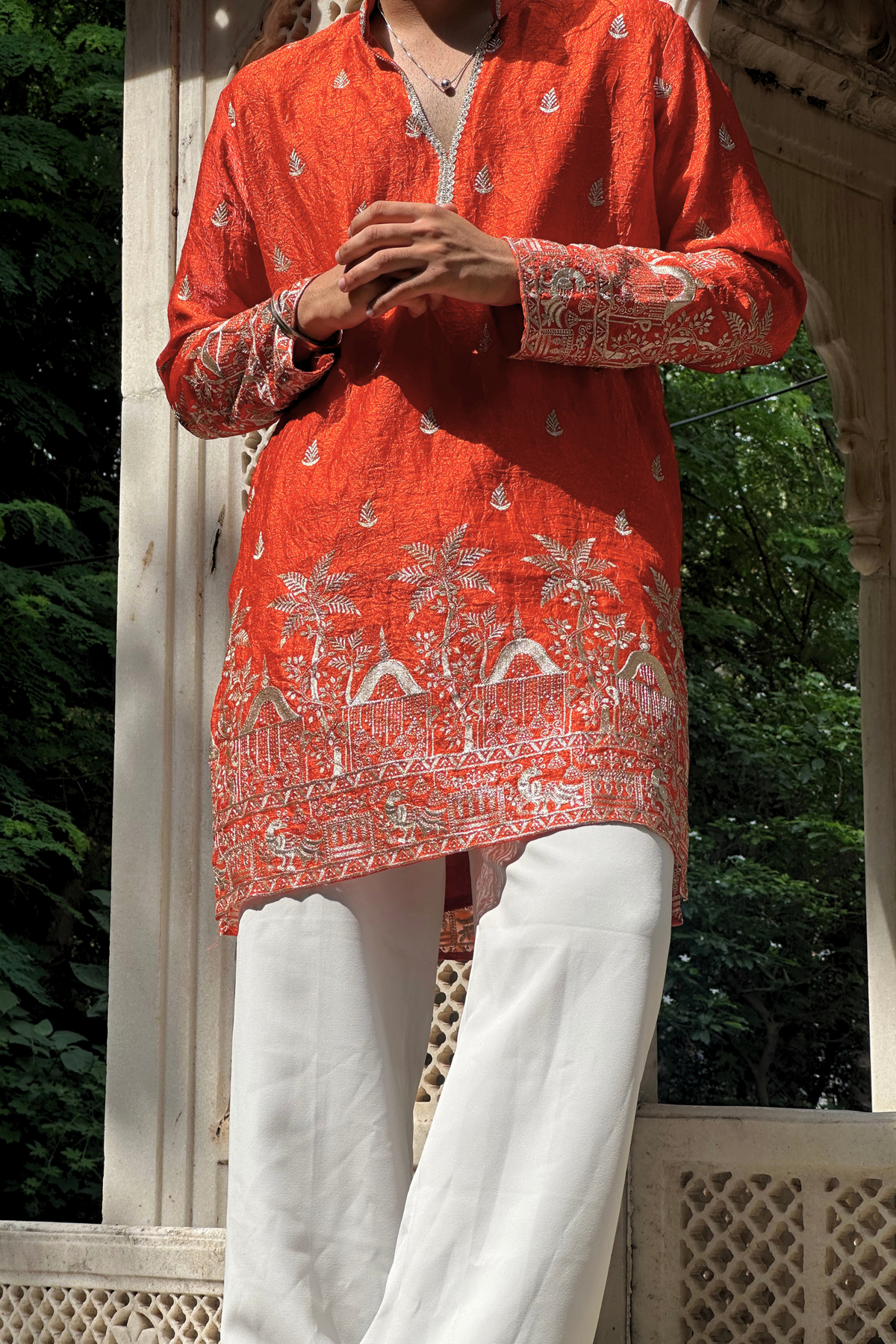 Orange Satin Fancy Short Kurta Set with Zari Embroidery