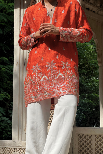 Orange Satin Fancy Short Kurta Set with Zari Embroidery