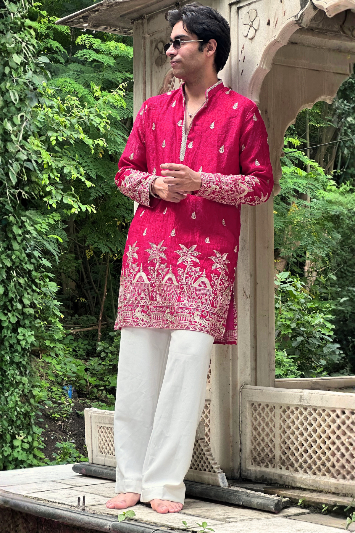 Red Pink Satin Fancy Short Kurta Set with Zari Embroidery