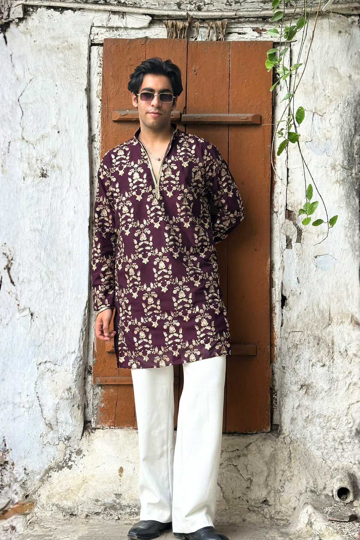 Rust Maroon Silk Base Short Kurta Set with Jari Embroidery