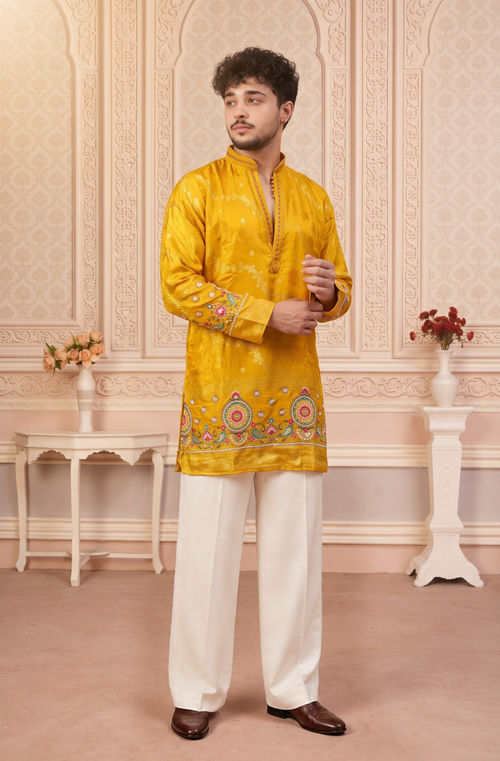 Yellow Jacquard Silk Short Kurta Set with Multicolour Embroidery & Bead Work