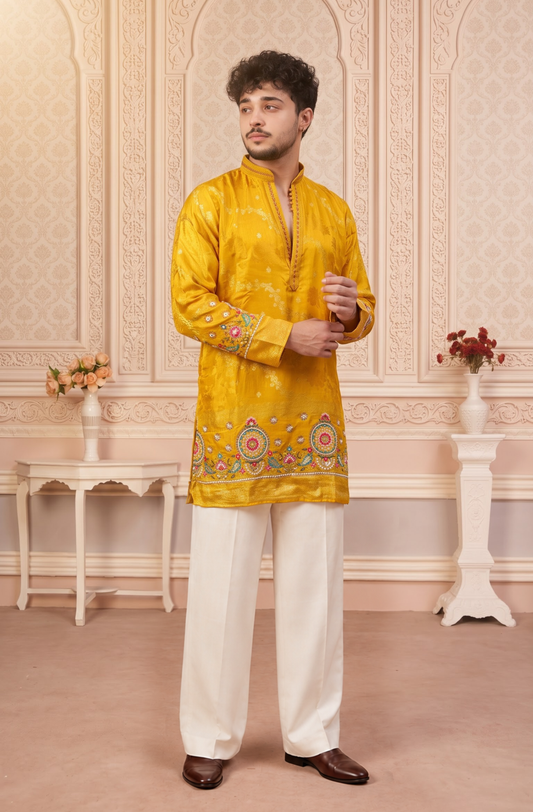 Yellow Jacquard Silk Short Kurta Set with Multicolour Embroidery & Bead Work