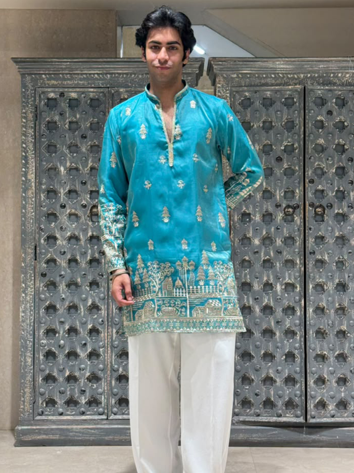 Aqua Shimmer Organza Short Kurta Set with Jari Embroidery