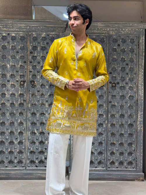 Mustard Shimmer Organza Short Kurta Set with Jari Embroidery