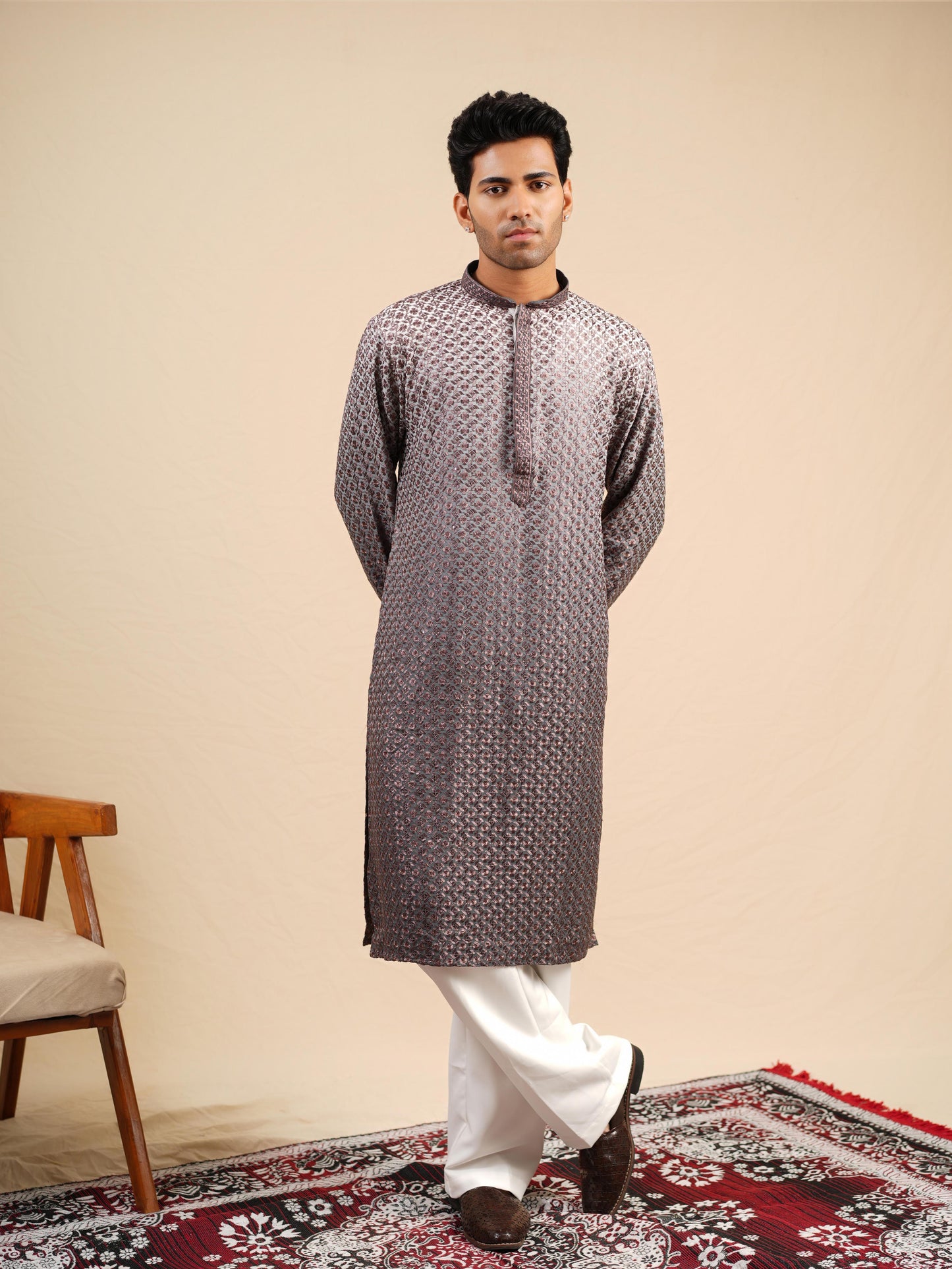 Men's Grey Ombre Rayon Kurta with Sequins & Thread Work Embroidery Set