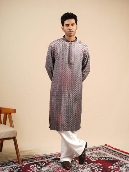 Men's Grey Ombre Rayon Kurta with Sequins & Thread Work Embroidery Set
