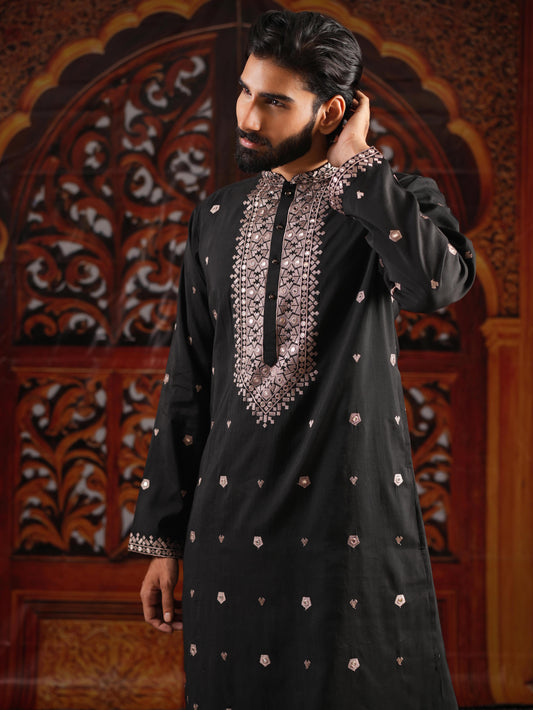 Men’s Black Silk Kurta Set with Sequins & Mirror Work Embroidery