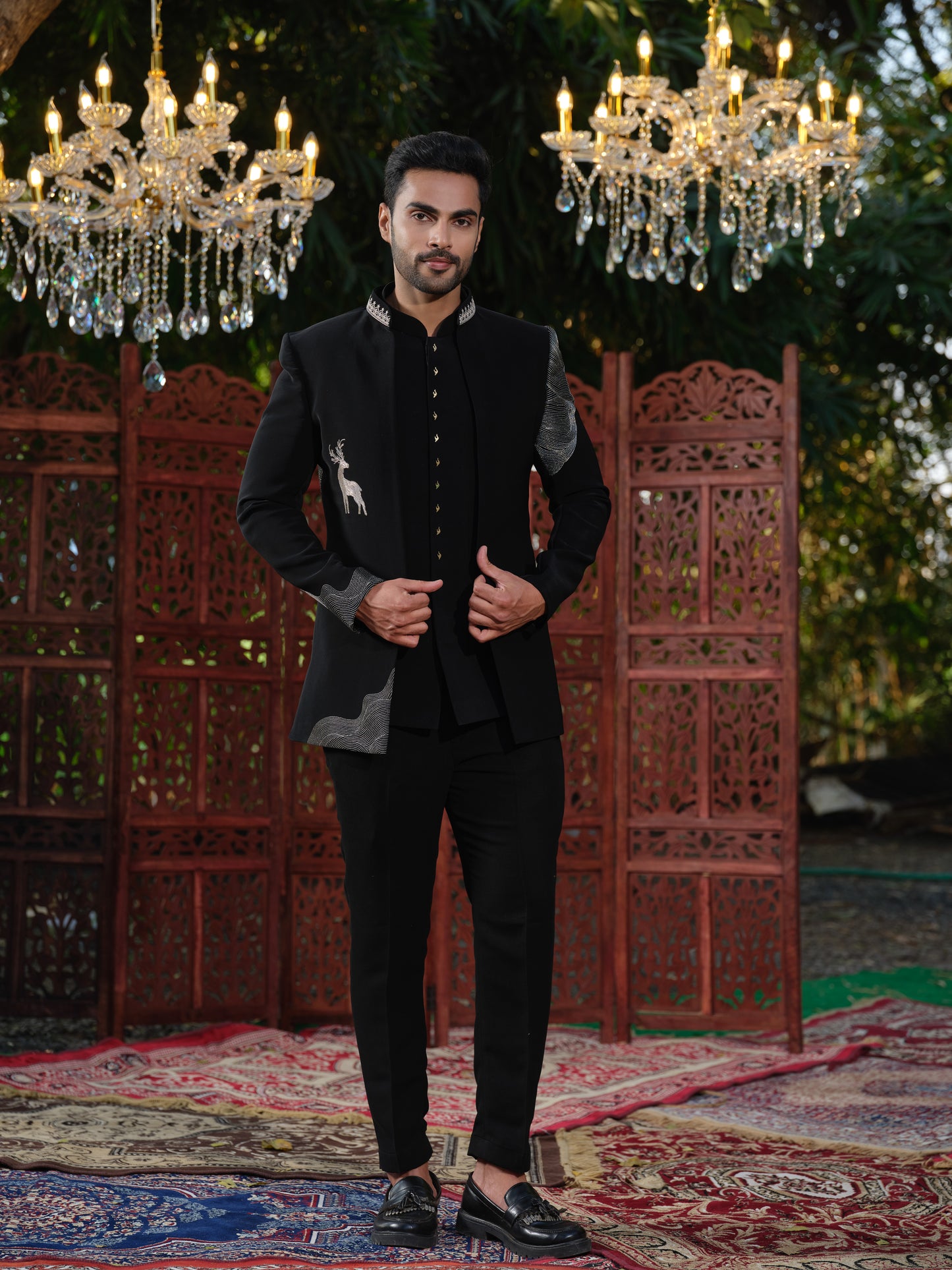 Black & Ivory Japanese Lachka Open Jodhpuri with Rose Gold Deer Embroidery