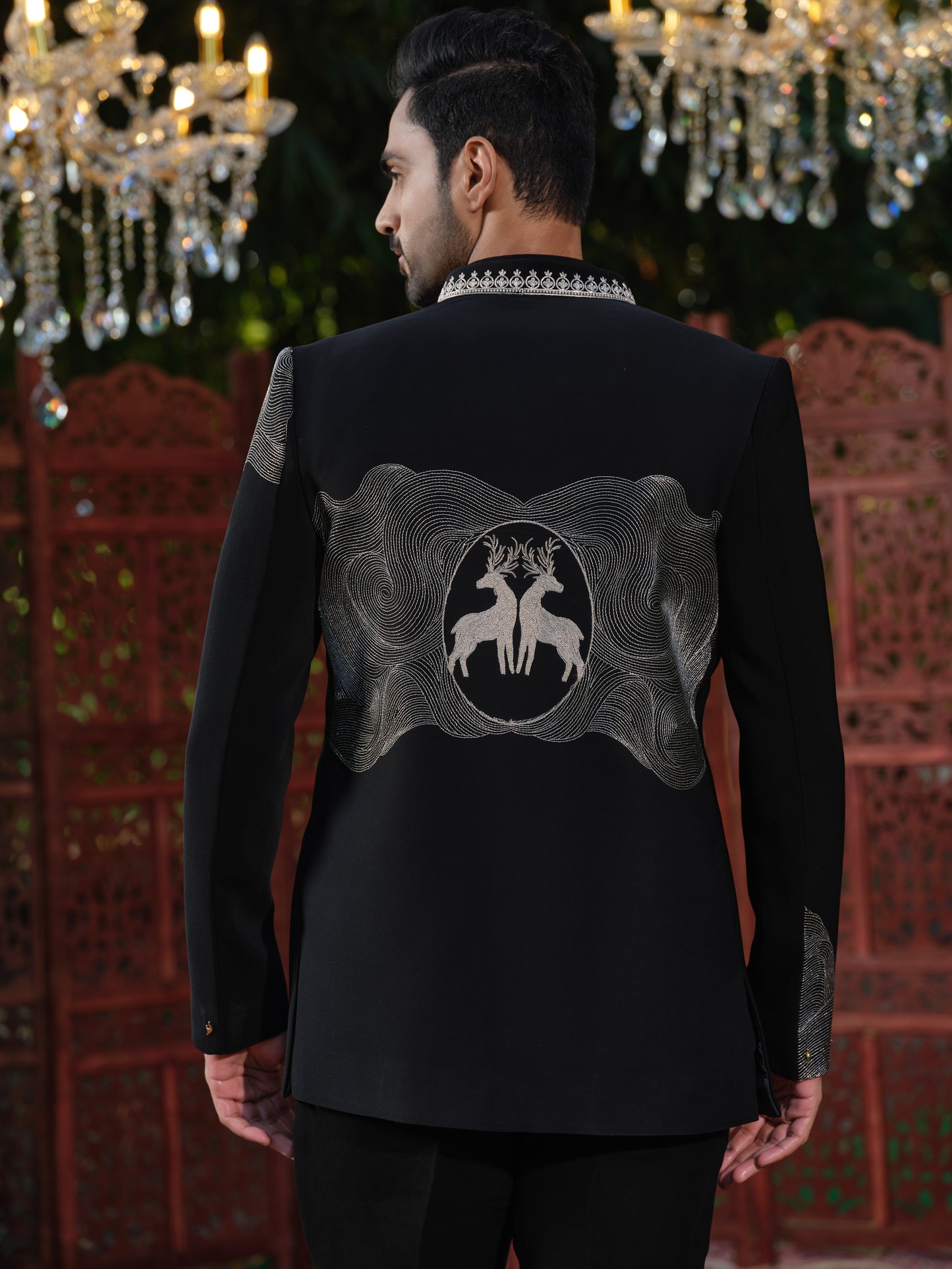 Black & Ivory Japanese Lachka Open Jodhpuri with Rose Gold Deer Embroidery