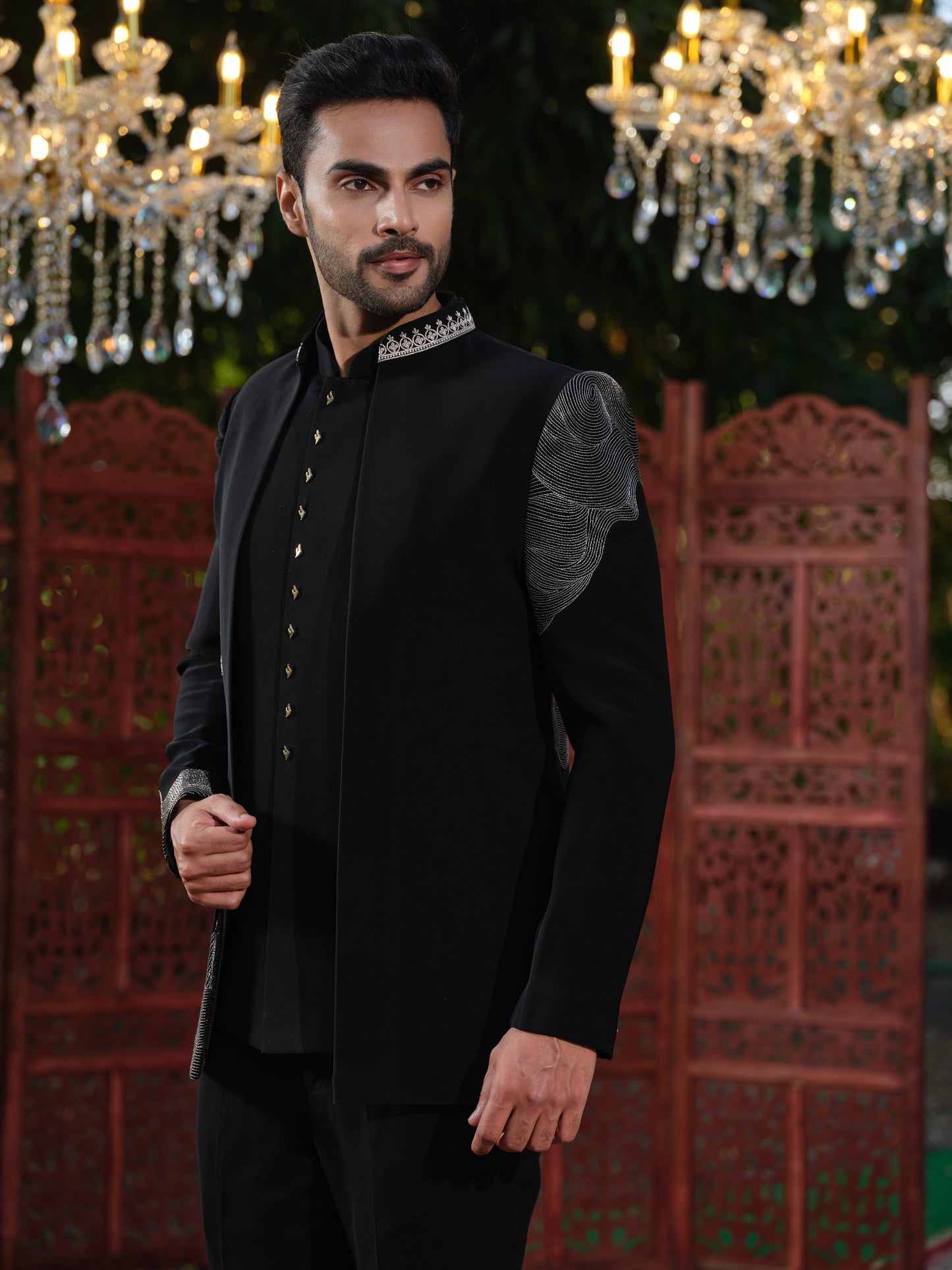 Black & Ivory Japanese Lachka Open Jodhpuri with Rose Gold Deer Embroidery