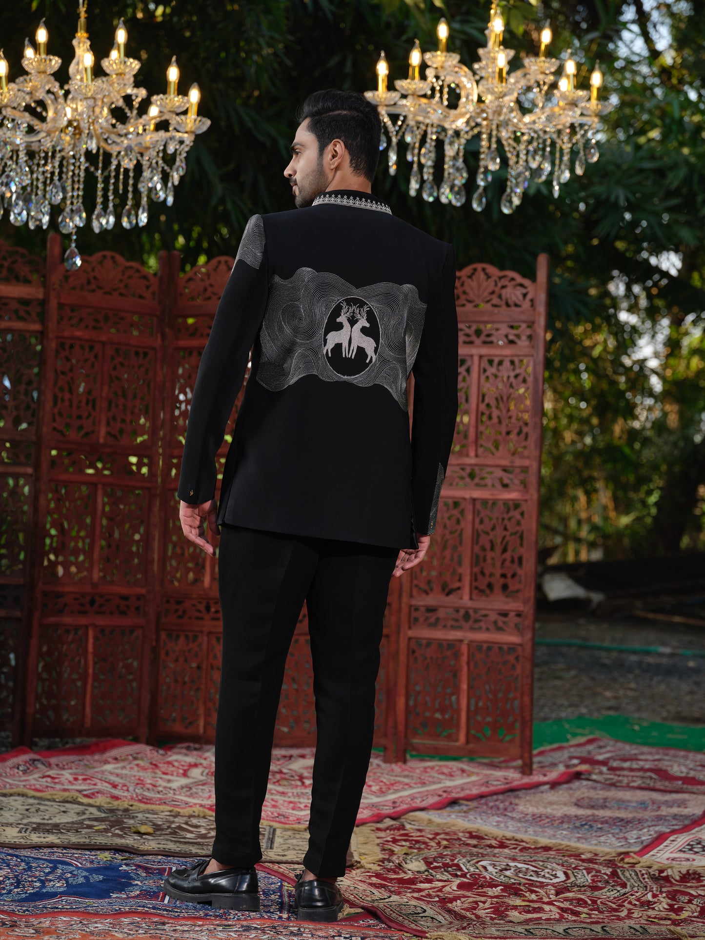 Black & Ivory Japanese Lachka Open Jodhpuri with Rose Gold Deer Embroidery