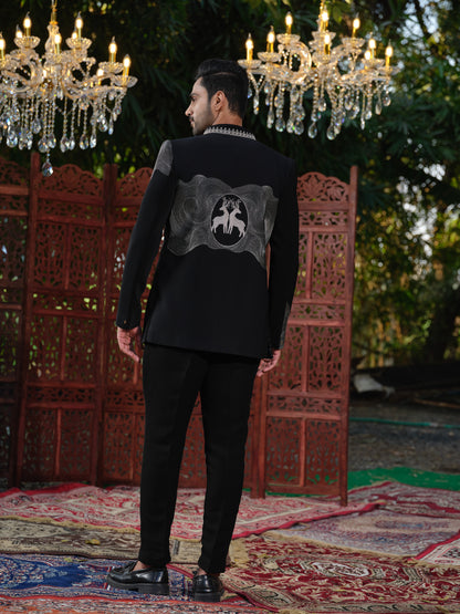 Black & Ivory Japanese Lachka Open Jodhpuri with Rose Gold Deer Embroidery