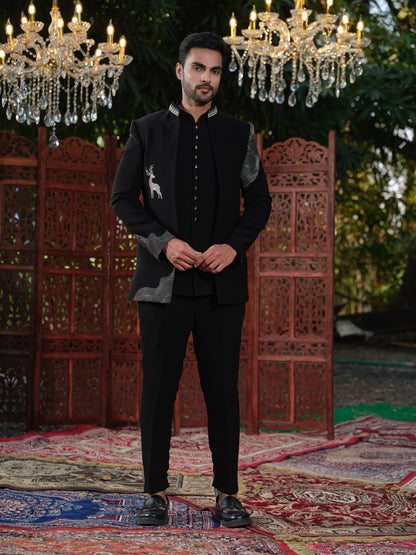 Black & Ivory Japanese Lachka Open Jodhpuri with Rose Gold Deer Embroidery