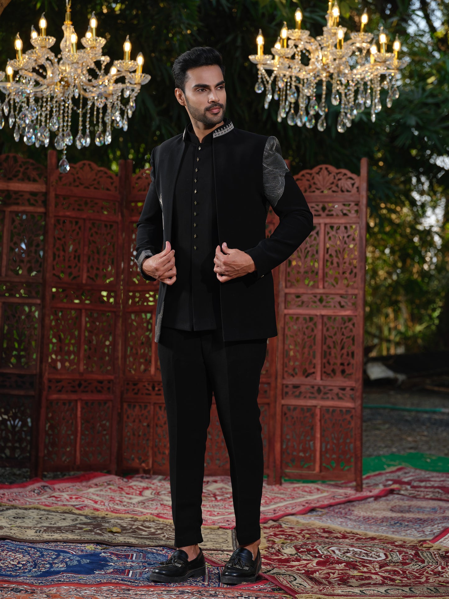 Black & Ivory Japanese Lachka Open Jodhpuri with Rose Gold Deer Embroidery