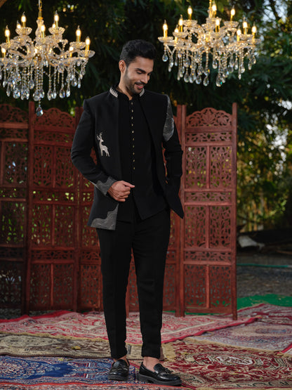 Black & Ivory Japanese Lachka Open Jodhpuri with Rose Gold Deer Embroidery