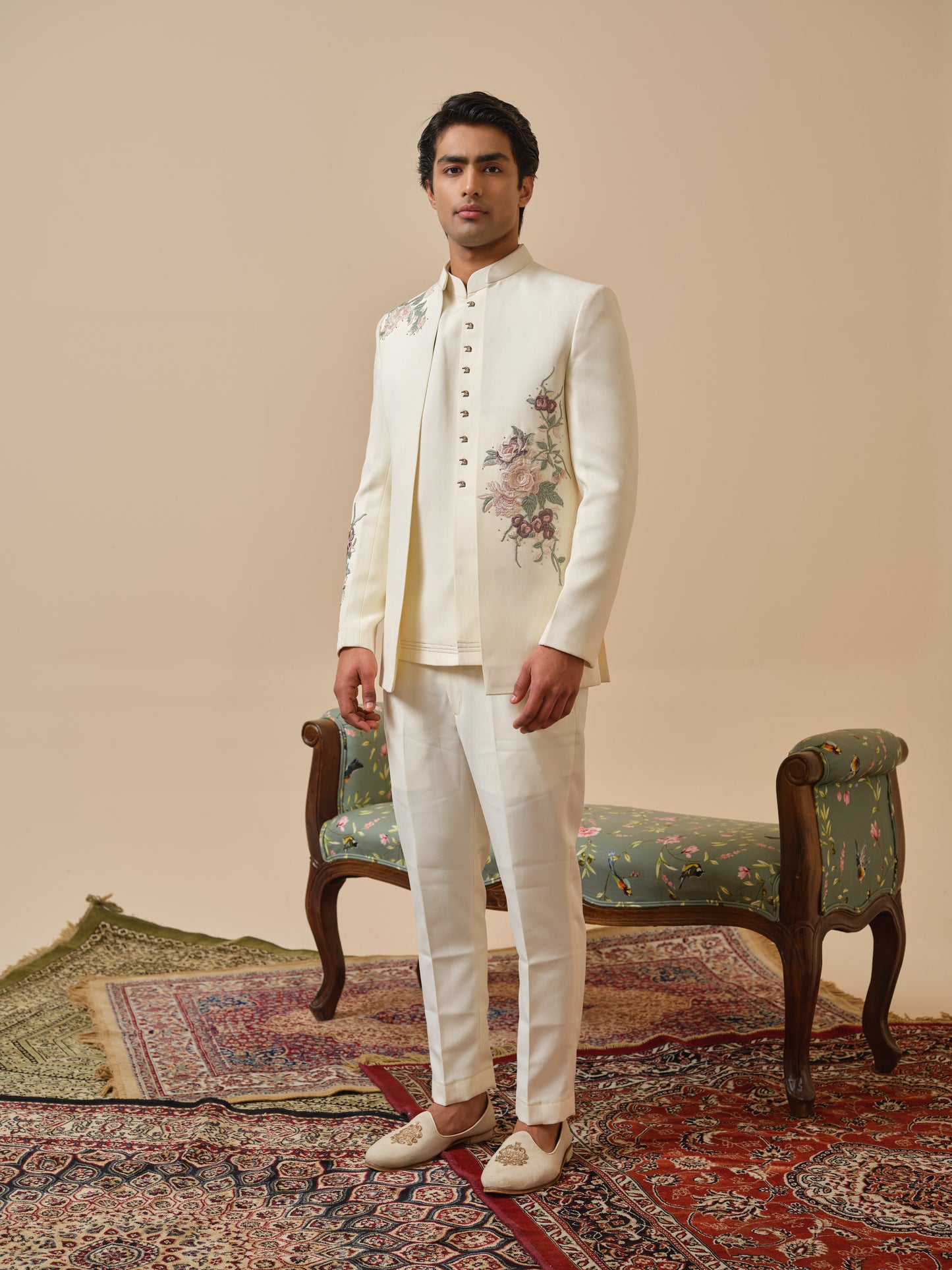Ivory Cream Premium Open Jodhpuri with Floral Appliqué & Diamond Highlights