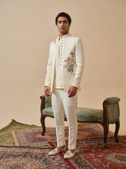 Ivory Cream Premium Open Jodhpuri with Floral Appliqué & Diamond Highlights