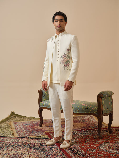 Ivory Cream Premium Open Jodhpuri with Floral Appliqué & Diamond Highlights