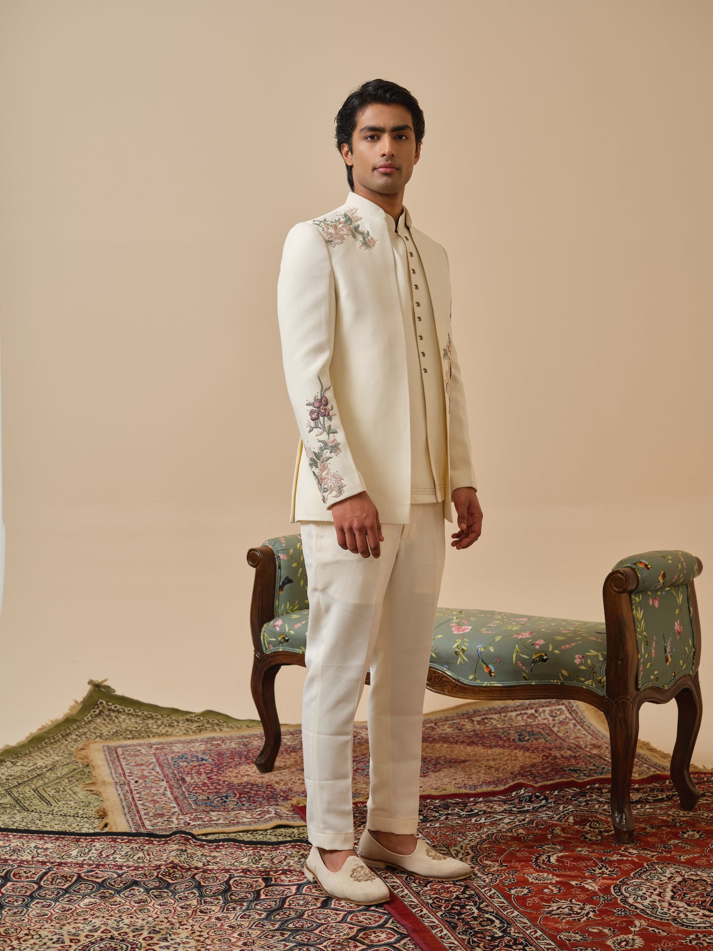 Ivory Cream Premium Open Jodhpuri with Floral Appliqué & Diamond Highlights