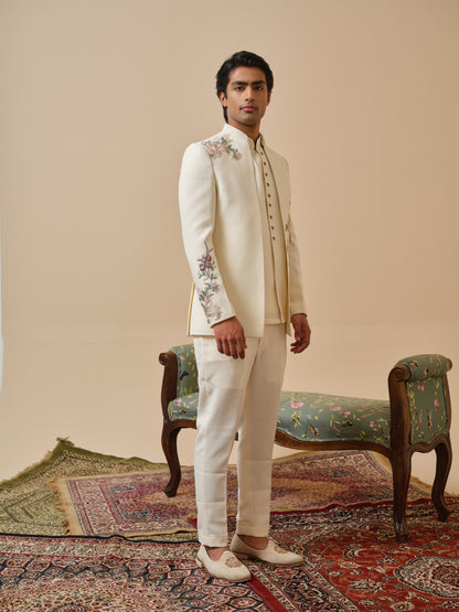 Ivory Cream Premium Open Jodhpuri with Floral Appliqué & Diamond Highlights