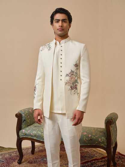 Ivory Cream Premium Open Jodhpuri with Floral Appliqué & Diamond Highlights
