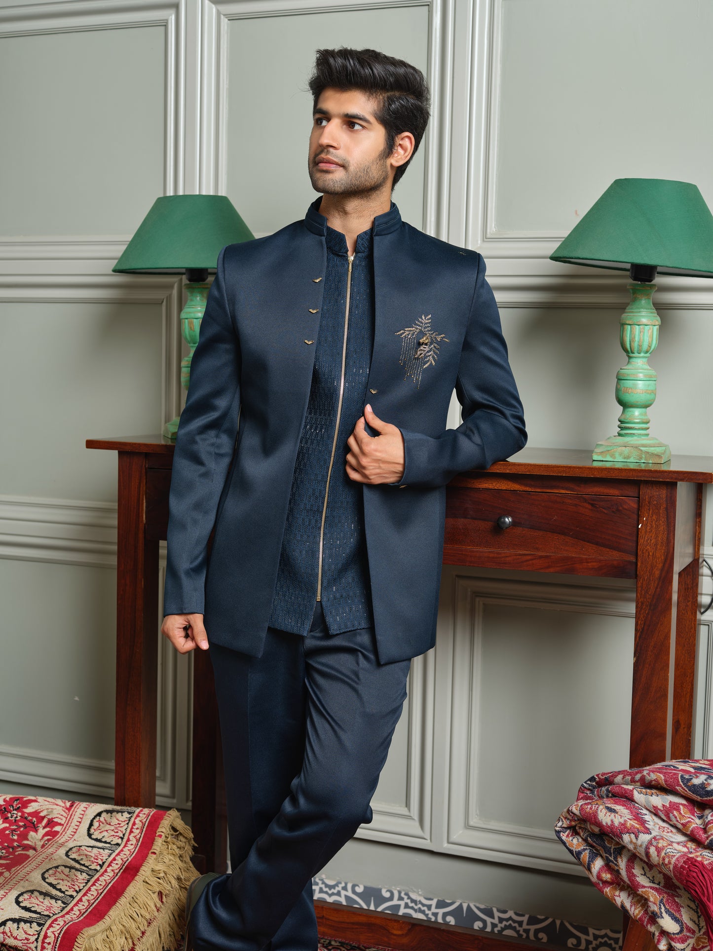 Satin Open Jodhpuri with Jacquard Inner & Horse Brooch