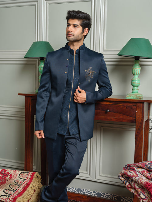 Satin Open Jodhpuri with Jacquard Inner & Horse Brooch