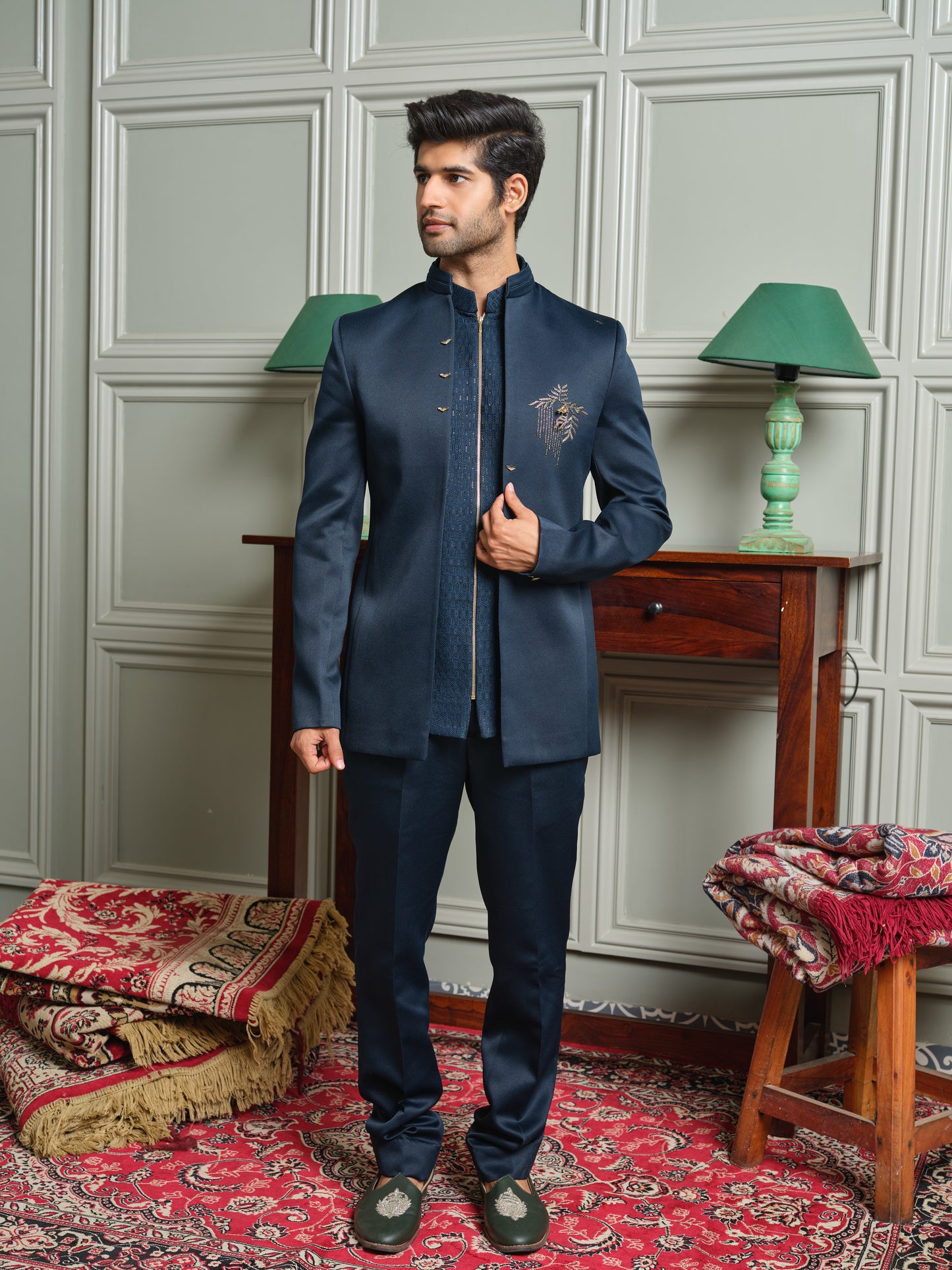 Satin Open Jodhpuri with Jacquard Inner & Horse Brooch
