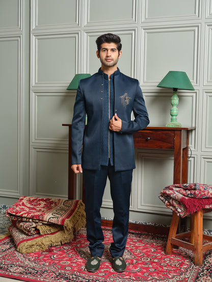 Satin Open Jodhpuri with Jacquard Inner & Horse Brooch