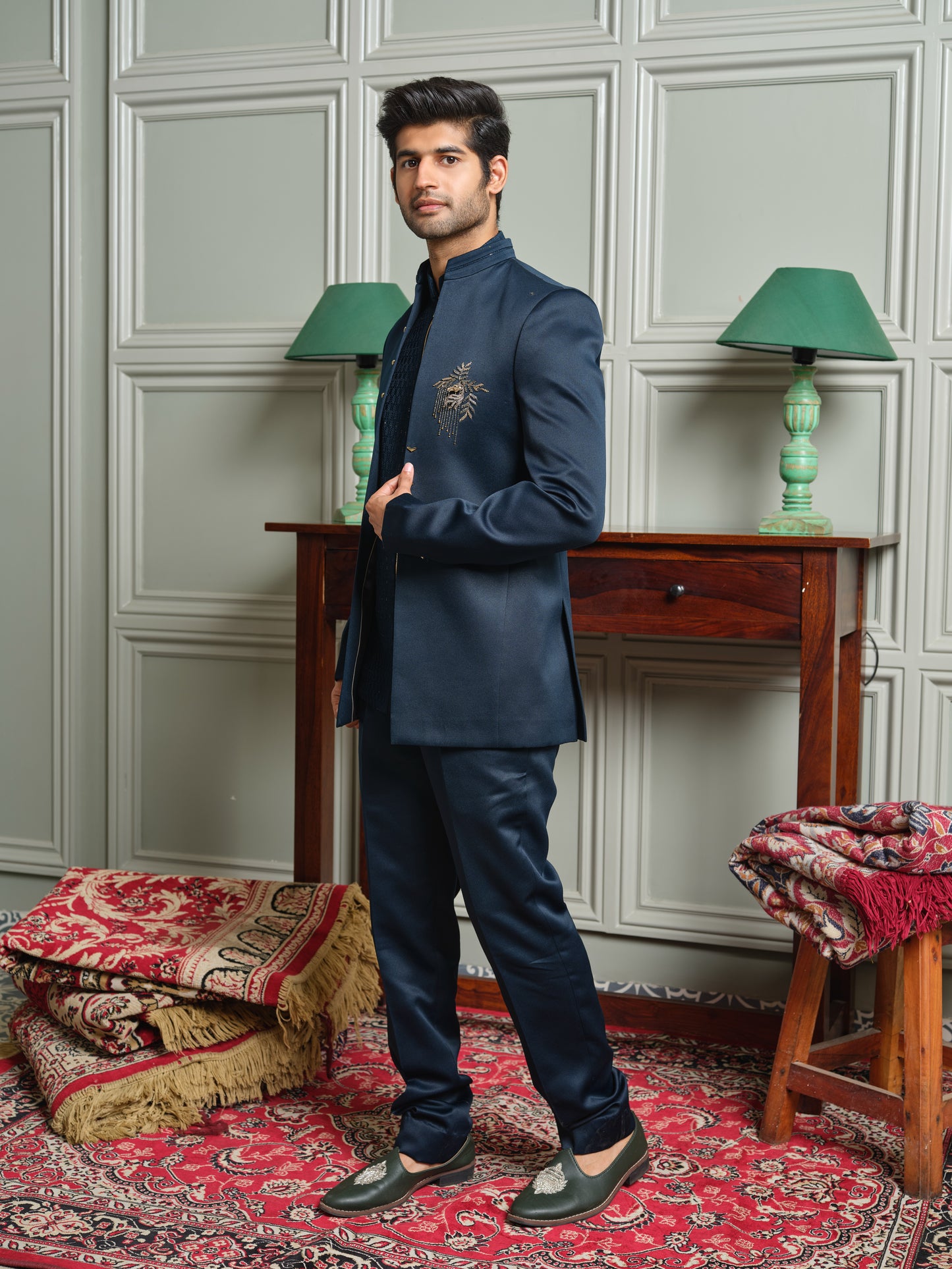 Satin Open Jodhpuri with Jacquard Inner & Horse Brooch