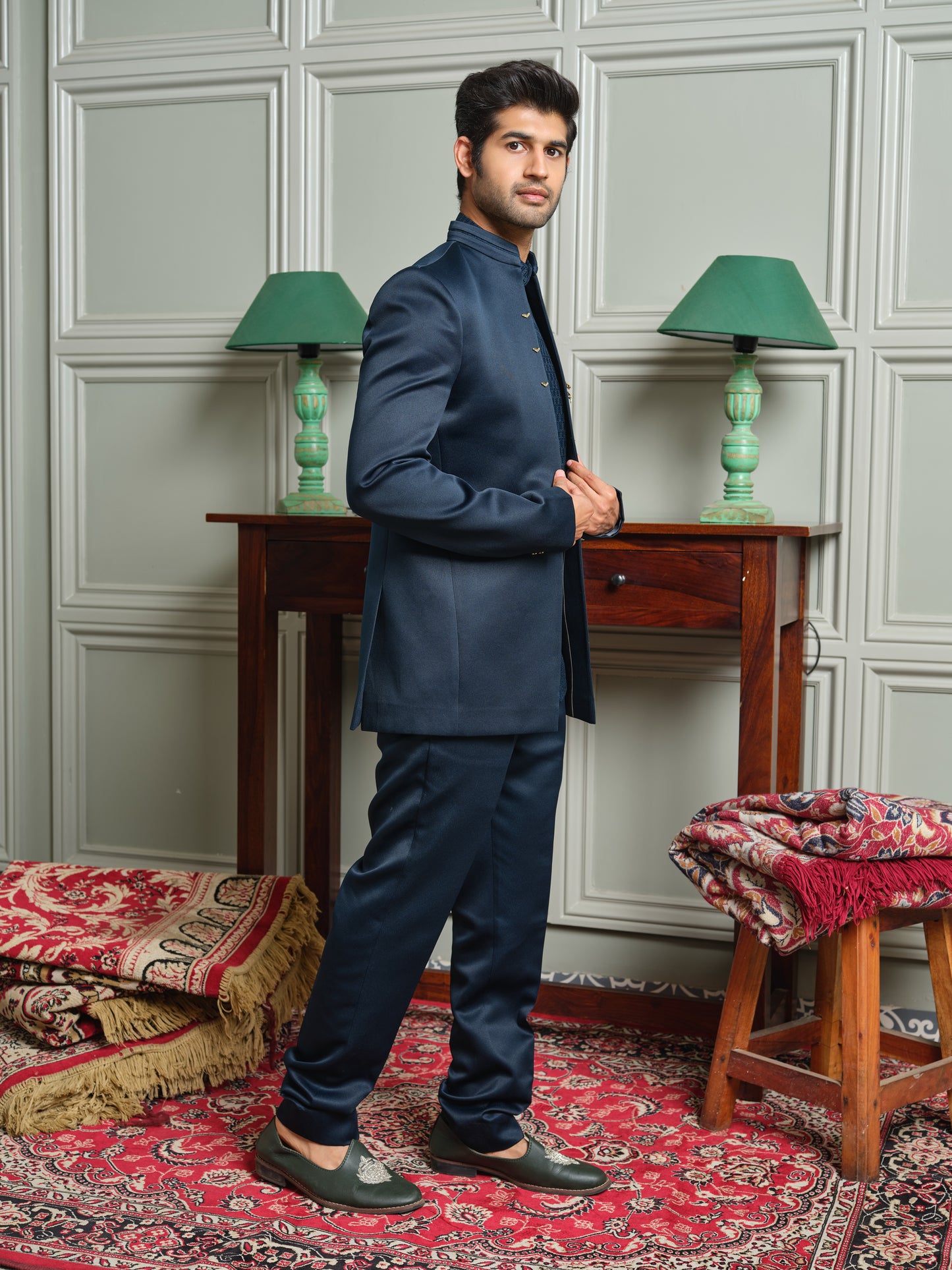 Satin Open Jodhpuri with Jacquard Inner & Horse Brooch