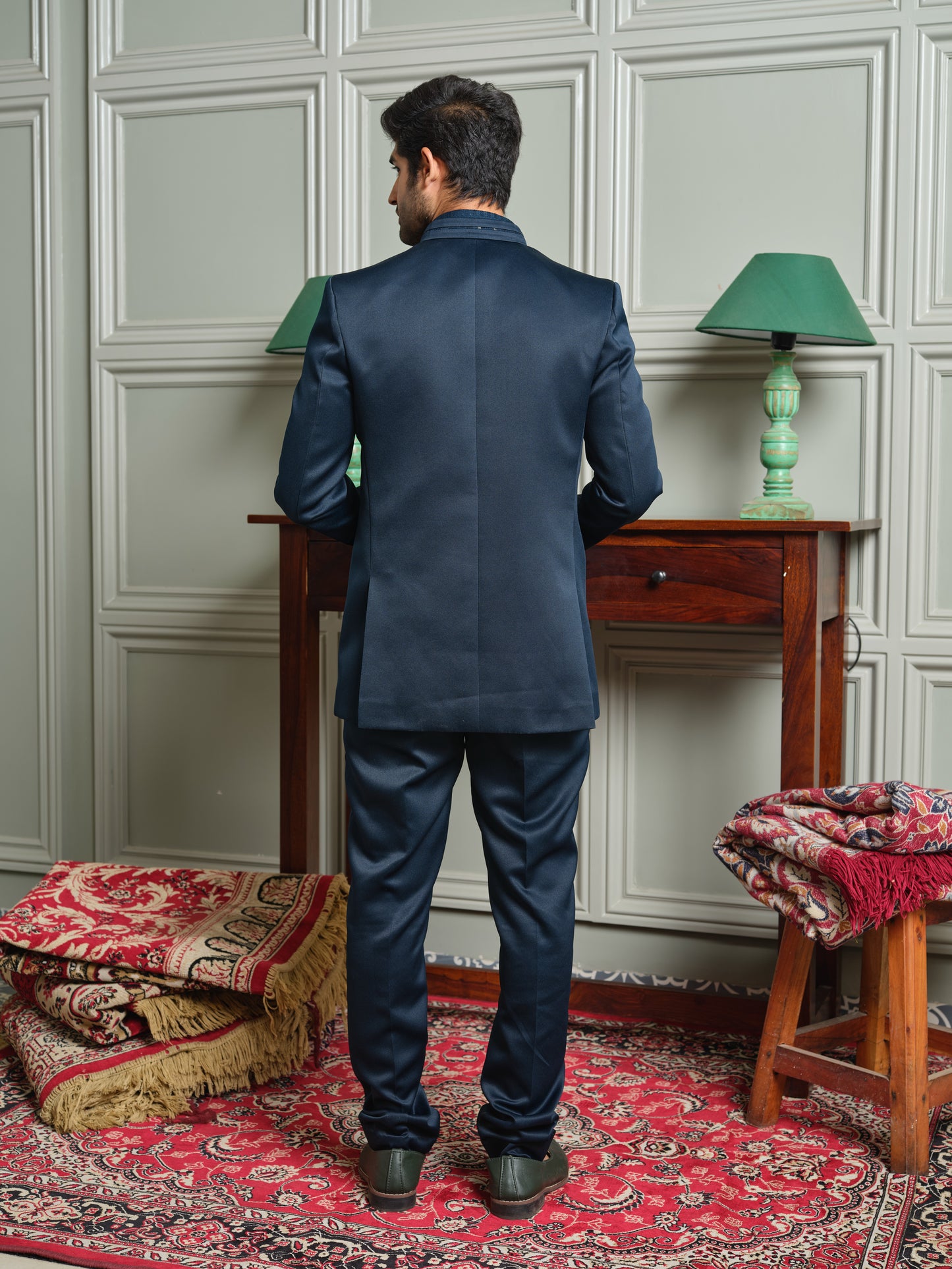 Satin Open Jodhpuri with Jacquard Inner & Horse Brooch