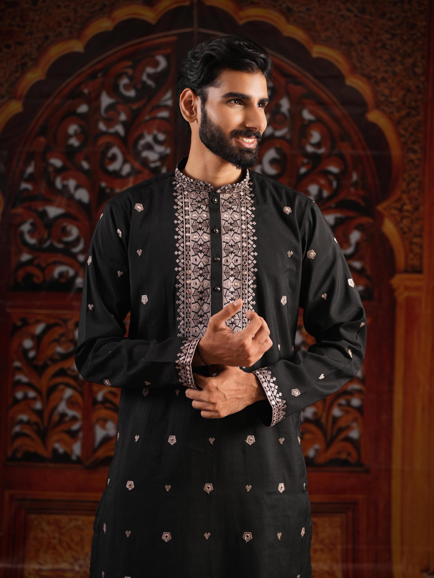 Men’s Black Silk Kurta Set with Sequins & Mirror Work Embroidery