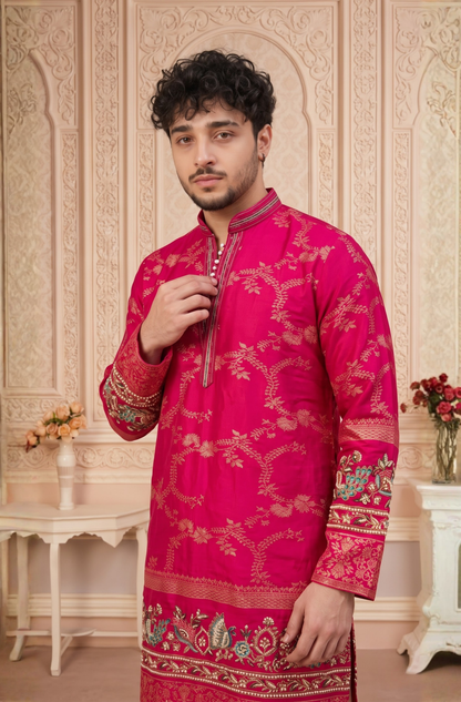 Pink Jacquard Silk Short Kurta Set with Multicolour Embroidery & Bead Work