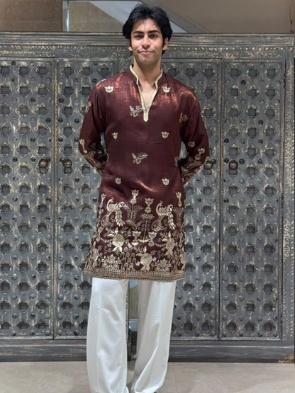 Shimmer Organza Short Kurta Set with Jari Embroidery