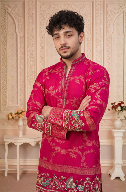 Pink Jacquard Silk Short Kurta Set with Multicolour Embroidery & Bead Work