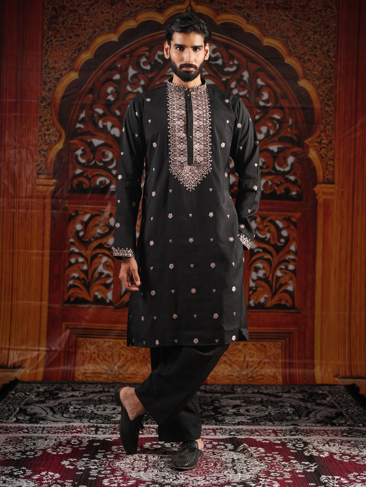 Men’s Black Silk Kurta Set with Sequins & Mirror Work Embroidery