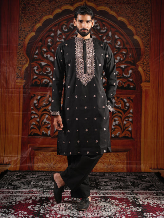 Men’s Black Silk Kurta Set with Sequins & Mirror Work Embroidery