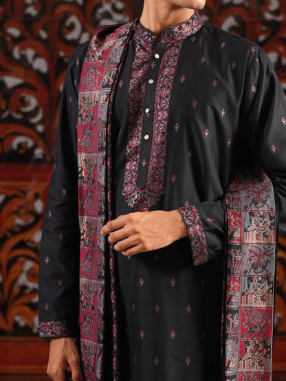Men’s Black Jacquard Kurta Set with Dupatta