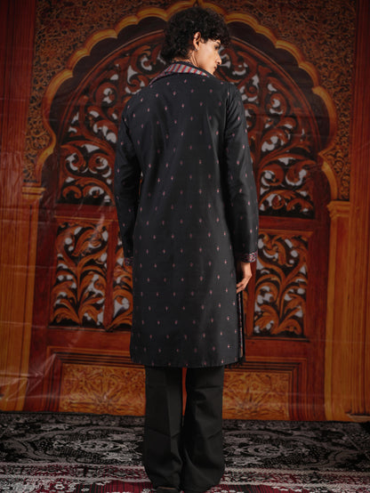 Men’s Black Jacquard Kurta Set with Dupatta