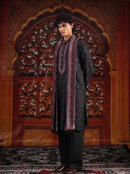 Men’s Black Jacquard Kurta Set with Dupatta